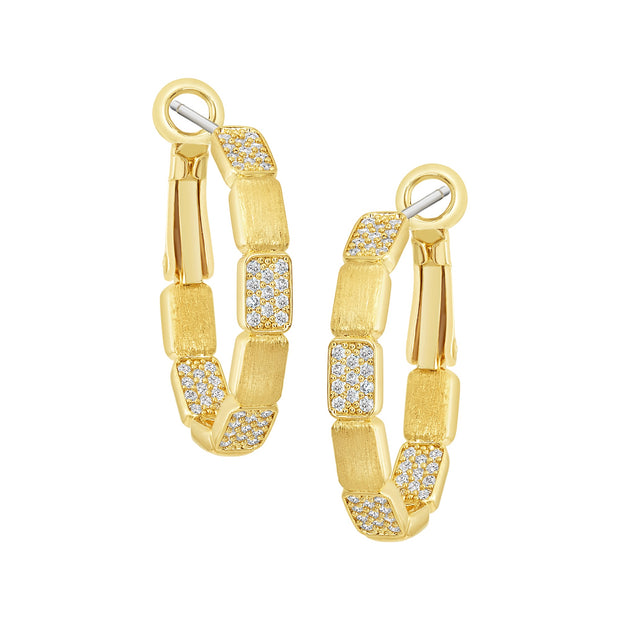 Matte & CZ Block Hoops in Yellow Gold
