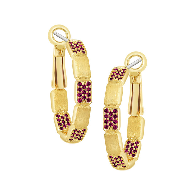 Matte & Fuchsia CZ Block Hoops in Yellow Gold