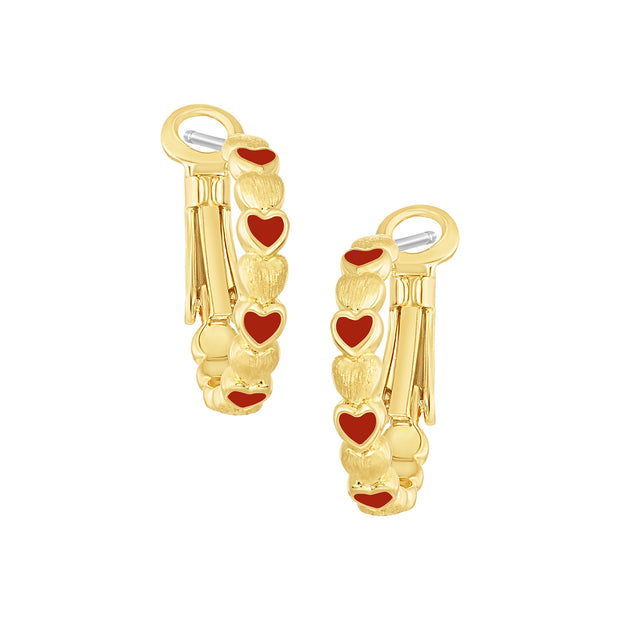 Small Lined Matte Enamel Heart Huggies in Red