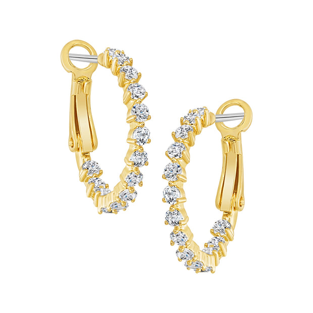Yellow Gold Three-Prong CZ Stone Hoops in Large