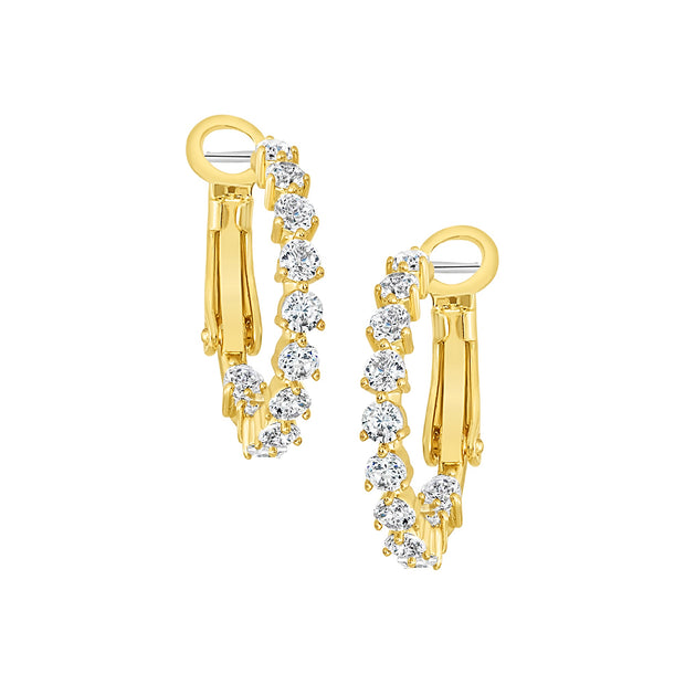 Yellow Gold Three-Prong CZ Stone Hoops in Medium