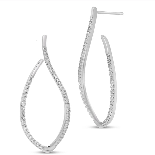 Large Delicate Elongated J Pave CZ Drop Earring in White Gold