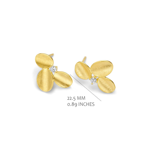 Triple Brushed Half Flower CZ Studs in Yellow Gold
