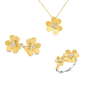 Brushed Three Petal CZ Flower Pendant  in Yellow Gold
