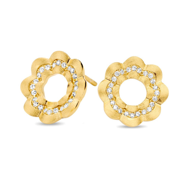 Brushed Rippled Open CZ Circle Studs in Yellow Gold