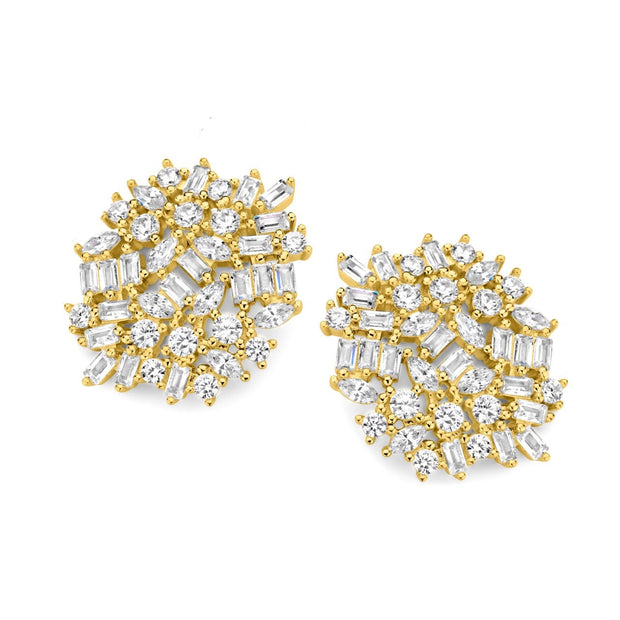 Elegant CZ Cluster Clip-On Studs in Yellow Gold