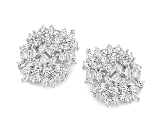 Elegant CZ Cluster Clip-On Studs in White Gold