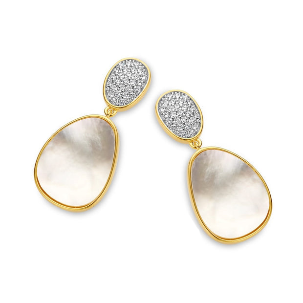 CZ Pave & MOP Bezel Double Pear-Shaped Earring in Yellow Gold