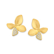 Brushed & CZ Floral Stud in Yellow Gold