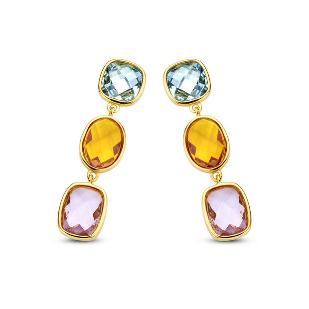 Multi-Faceted Pastel CZ Drop Earrings in Yellow Gold