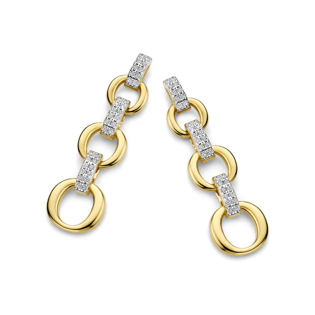 Graduating Polished Link & CZ Drop Earrings in Yellow Gold