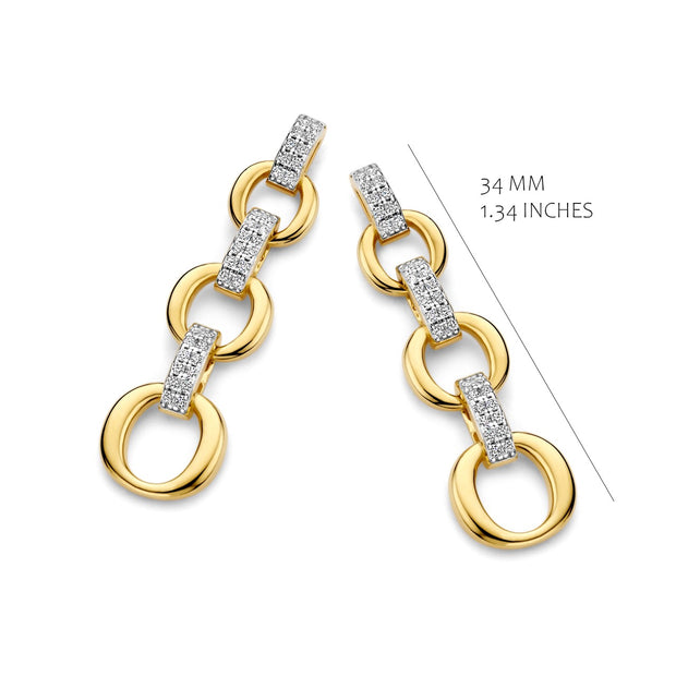 Graduating Polished Link & CZ Drop Earrings in Yellow Gold