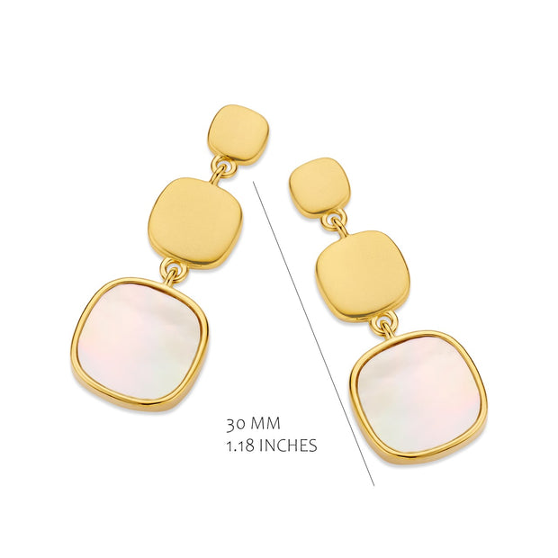 Graduating Matte & MOP Squares Drop Earrings in yellow Gold