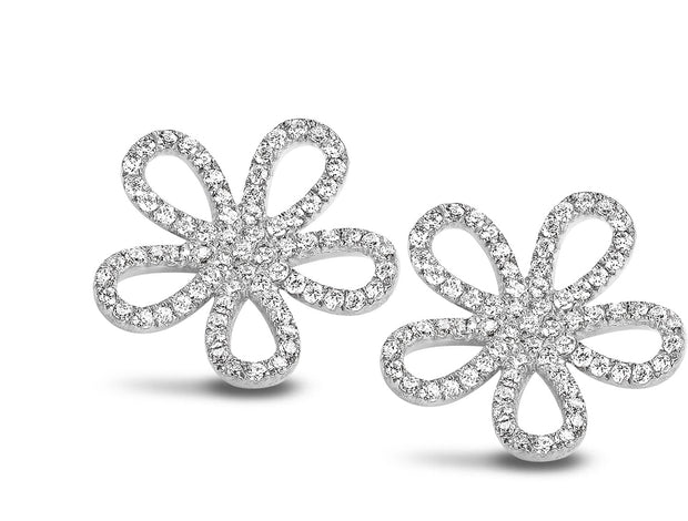 Open Pave CZ Flower CLIP ON Stud in White Gold