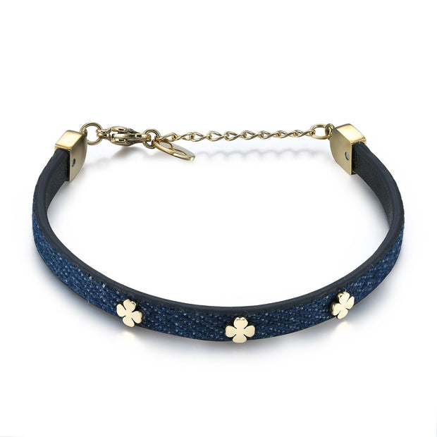 Leather Band Clover Bracelet in Denim