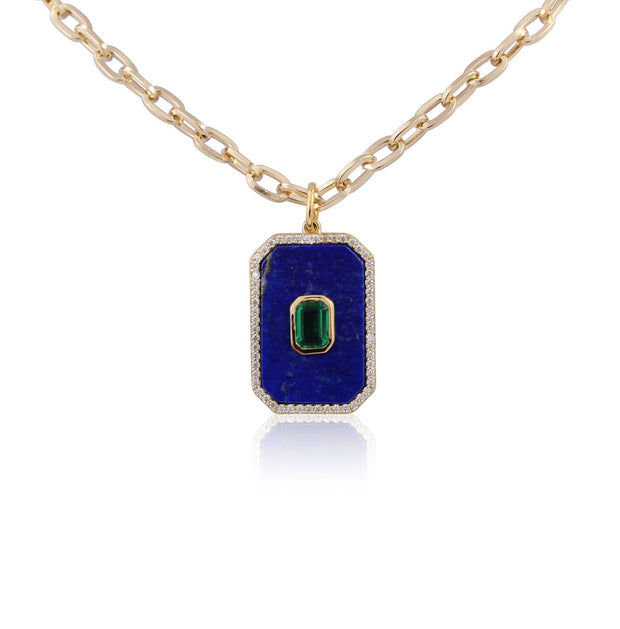 RACHEL REINHARDT Blue Lapis & Emerald Center CZ Rectangle Necklace