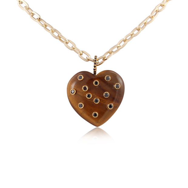 RACHEL REINHARDT Tiger Eye Studded 3D Heart Pendant
