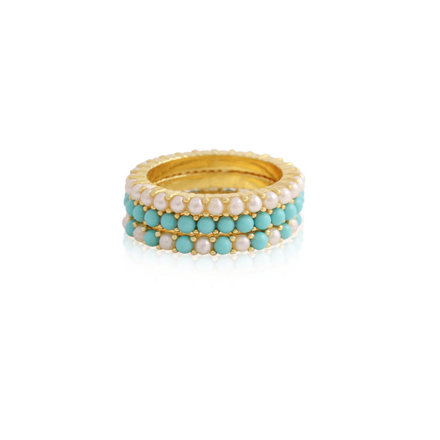 Turquoise & Pearls Pattern Thin Stacking Ring in Yellow Gold