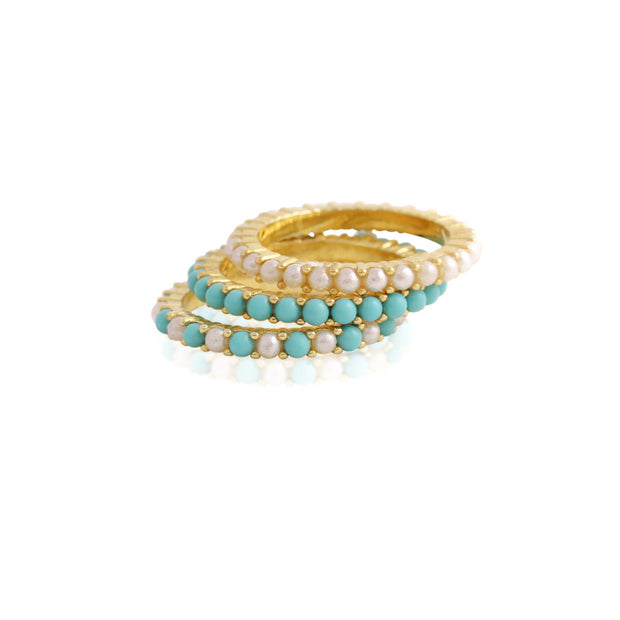 Turquoise & Pearls Pattern Thin Stacking Ring in Yellow Gold