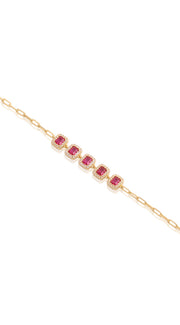 Five CZ Ruby Halo Rectangles on Paperclip Chain Bracelet in Yellow Gold