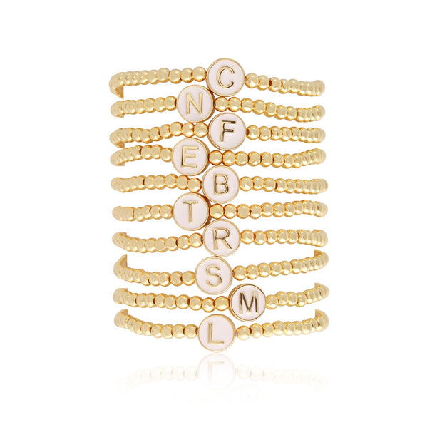 Gold Beaded White Enamel Initial Stacking Bracelet