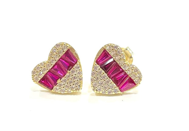 CZ Pave Heart Ruby Baguette Studs in Yellow Gold