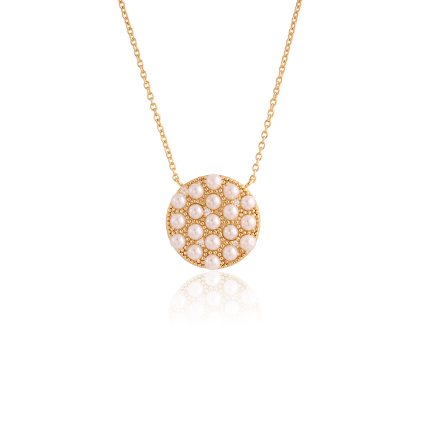 Pearl Cluster Disc Pendant in Yellow Gold