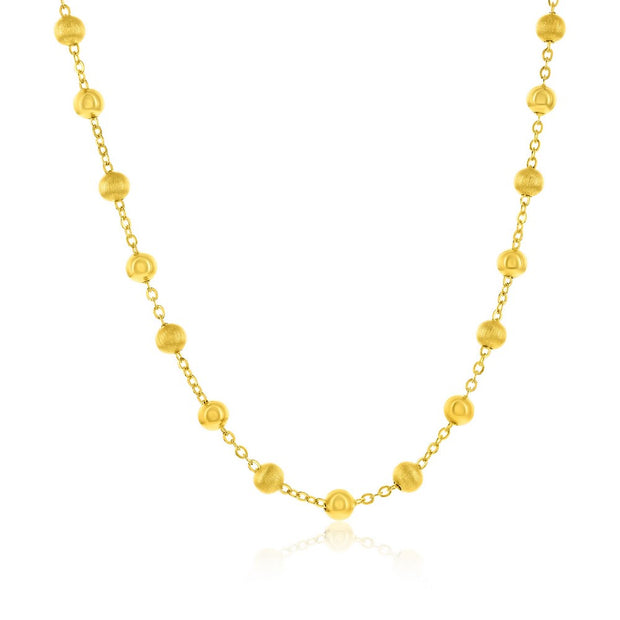 Alternating Polished & Brushed Beaded Station Necklace in Yellow Gold