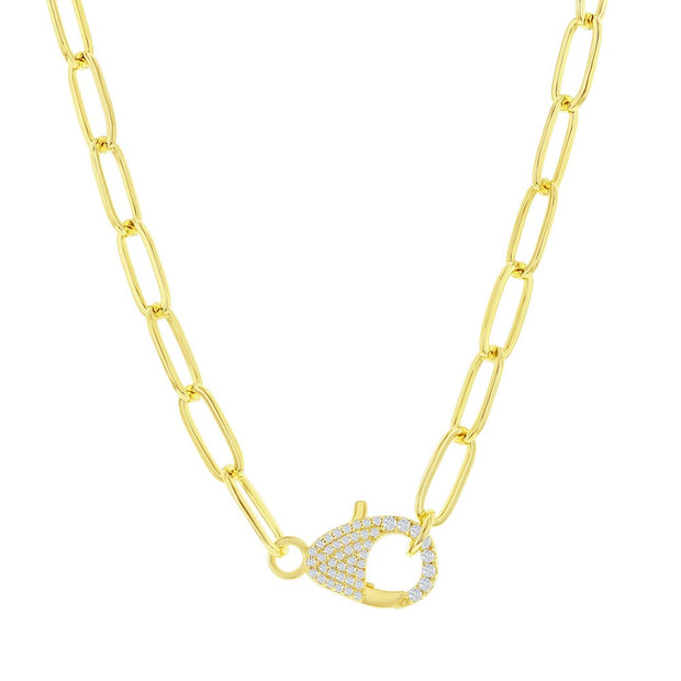 CZ Pave Lobster Paperclip Necklace in Yellow Gold