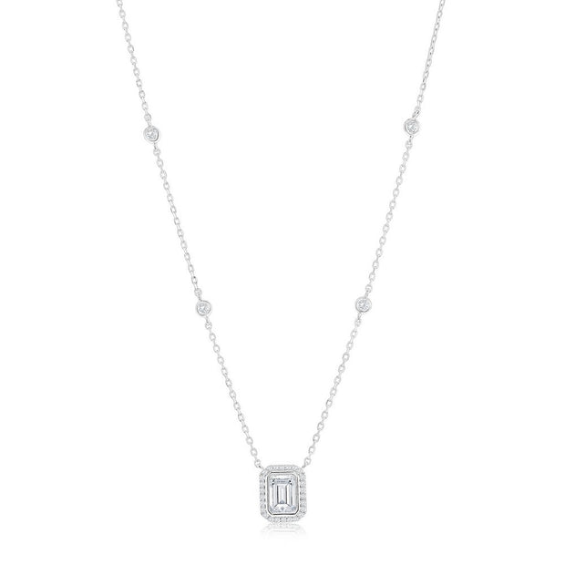 Rectangle Baguette & Bezel CZ Chain Solitaire Necklace in White Gold