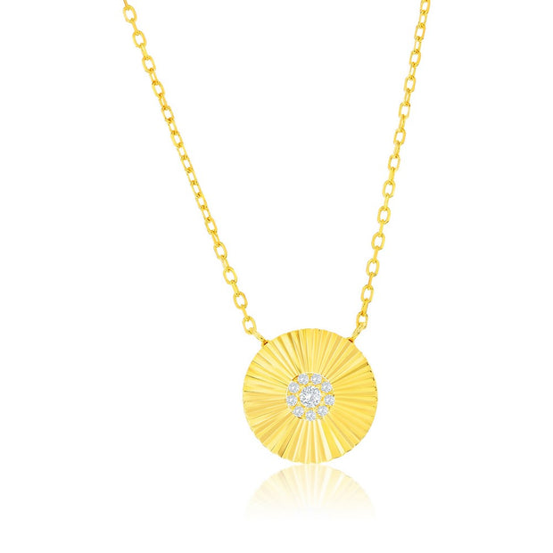 Diamond-Cut Center Pave Cz Circle Necklace in Yellow Gold