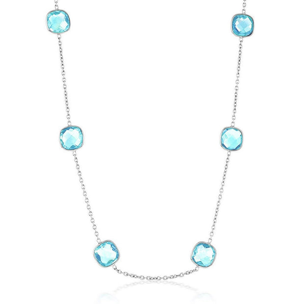 Square Bezel-Set Blue Topaz Station Necklace in White Gold