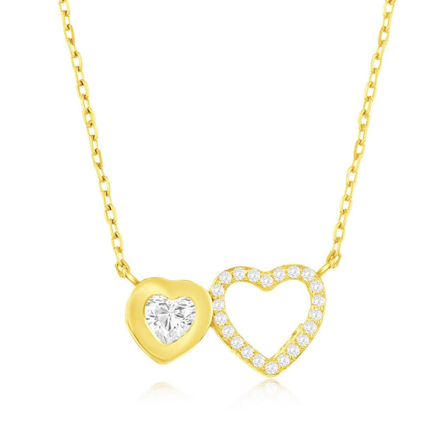 Bezel CZ & Open Double Heart Pendant in Yellow Gold