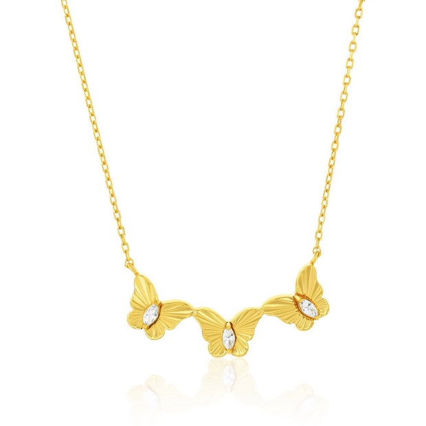 Double Sided Triple Butterfly Necklace in Yellow Gold