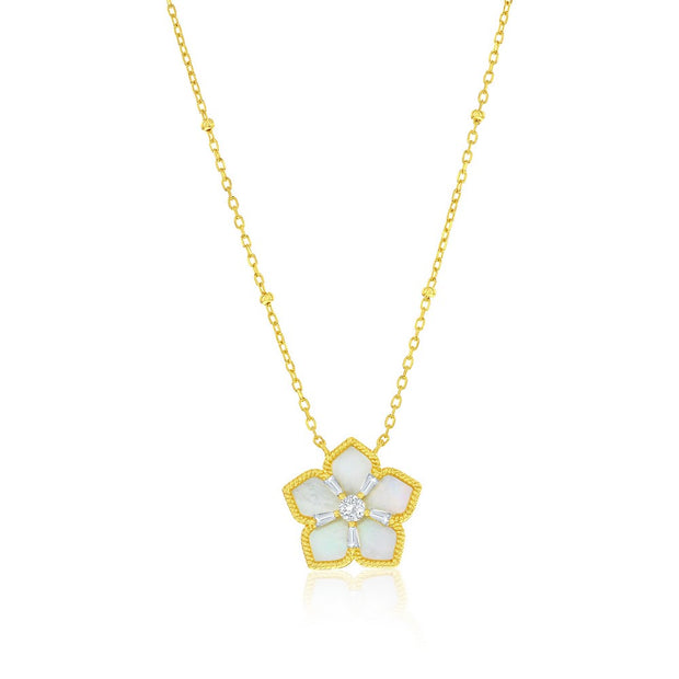 MOP & CZ Baguette Flower Pendant in Yellow Gold