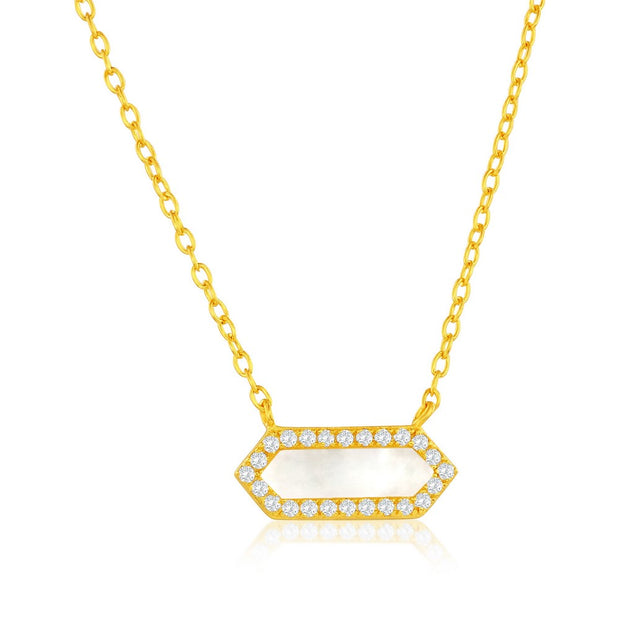 MOP & CZ Border Small Hexagon Pendant in Yellow Gold