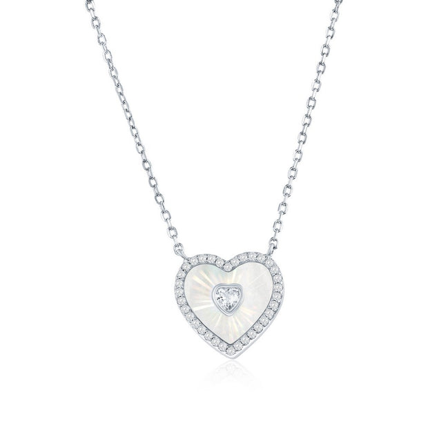 Diamond Cut MOP CZ Heart Pendant in White Gold