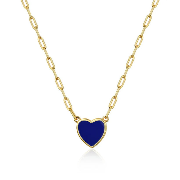 Bezel Lapis Heart Paperclip Necklace in Yellow Gold