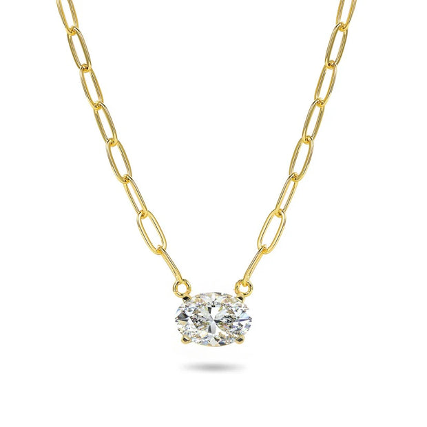 CZ Oval Solitaire Paperclip Pendant in Yellow Gold