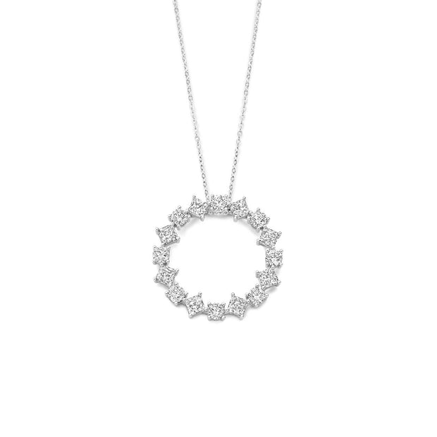 Square & Round Cut CZ Prong Set Circle Pendant Necklace in White Gold