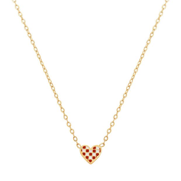 Tiny Red & White Checkerboard Heart Pendant