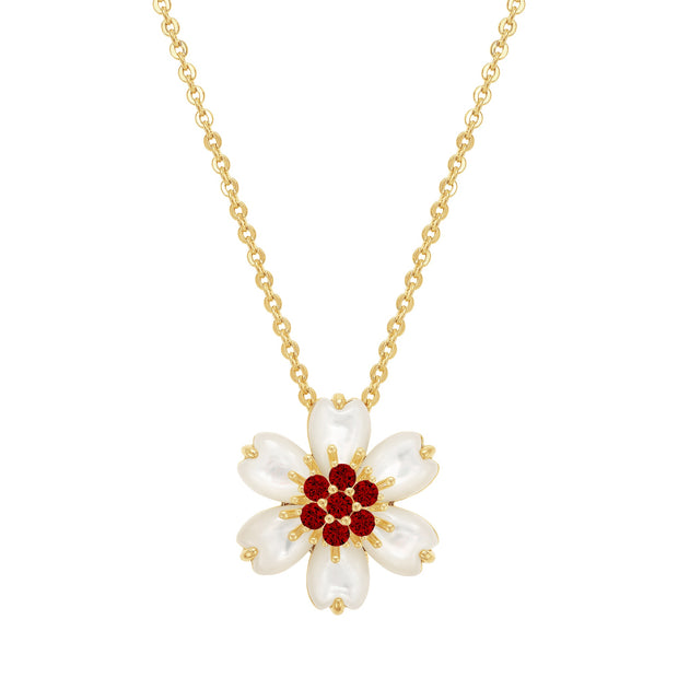 Puffed MOP Flower Pendant in Red CZ