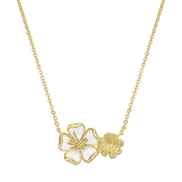 Curled White Enamel Flower Pendant in Yellow Gold