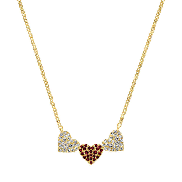 Pointy Red CZ Pave Trio Hearts Pendant in Yellow Gold