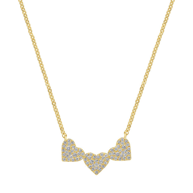 Pointy CZ Pave Trio Hearts Pendant in Yellow Gold