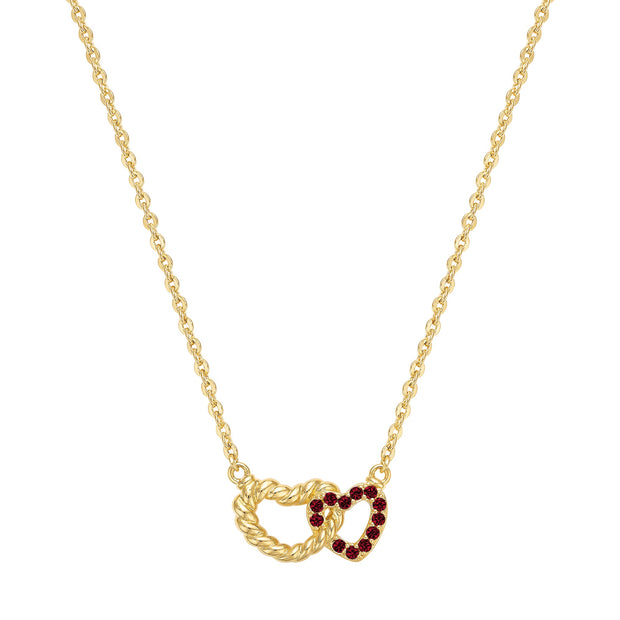 Mini Red CZ Intertwined Hearts Pendant in Yellow Gold