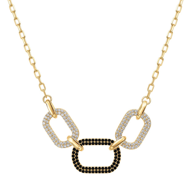 Linked Onyx & CZ Ovals on Paperclip Chain Necklace