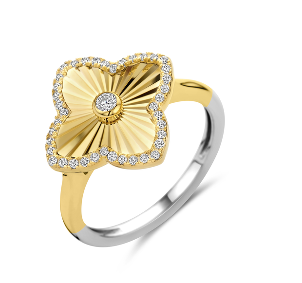 Two-Tone Diamond Cut CZ Pointed Clover Ring