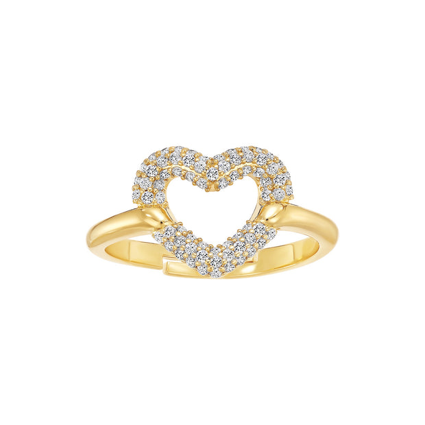 Clamped CZ Pave Heart Adjustable Ring in Yellow Gold