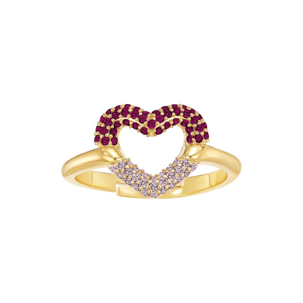 Clamped Pink Ombre Pave Heart Adjustable Ring in Yellow Gold